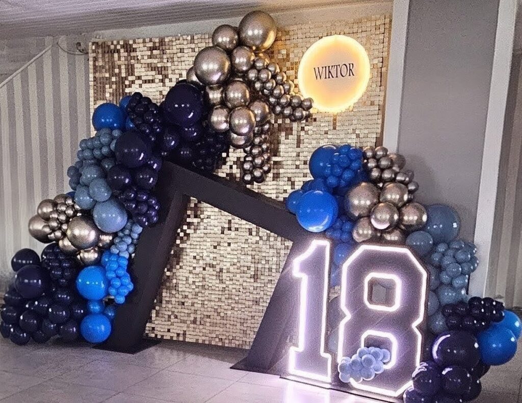 Męska dekoracja na 18 urodziny w złocie i odcieniach niebieskiego - cyfra led - personalizacja - AnJa Art of Decor