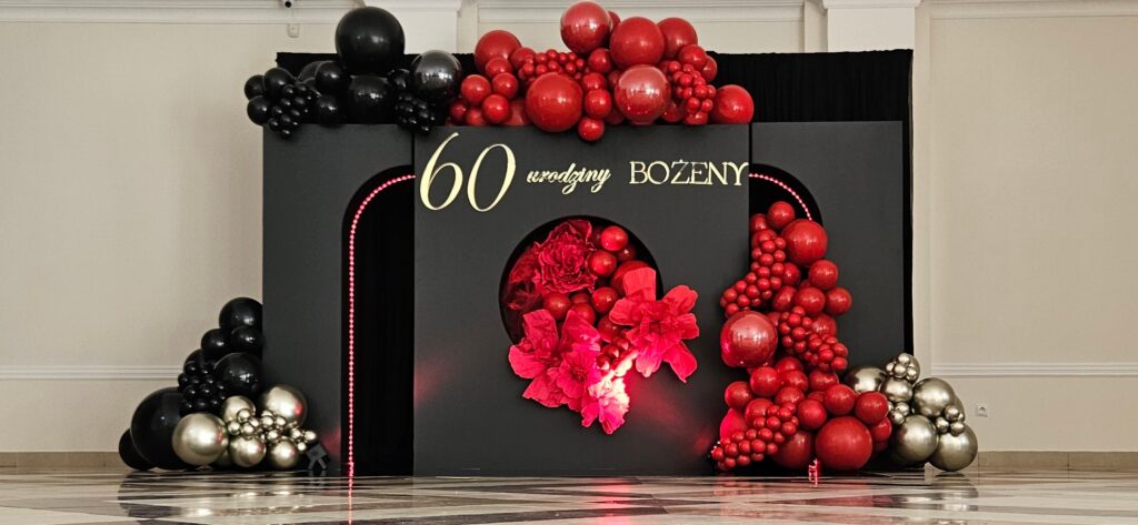 Dekoracja na 60 urodziny w czerni i czerwieni z balonami - AnJa Art of Decor